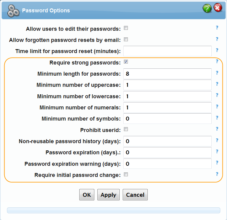 list of new password options in control panel