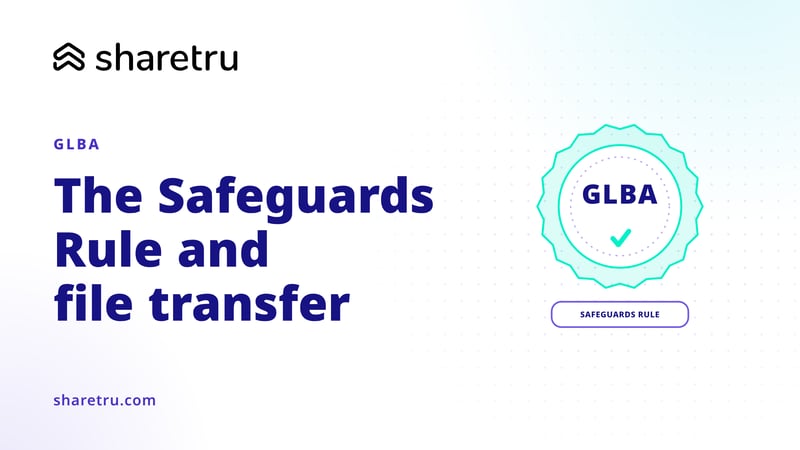 A GLBA seal with a check mark and a 'Safeguards Rule' label, illustrating file transfer requirements for financial institutions