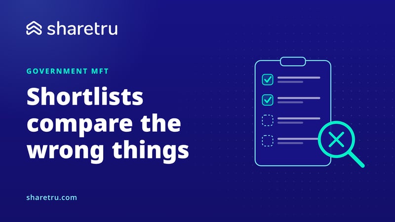 A checklist with two items ticked and a magnifier marked with an X, illustrating government MFT shortlists comparing the wrong things