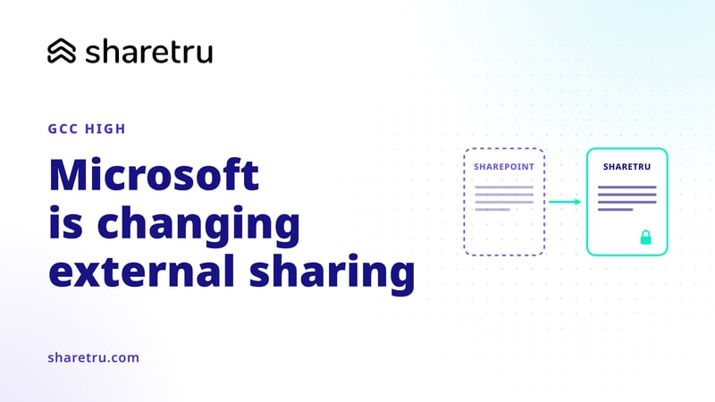 A dashed SharePoint card giving way to a locked Sharetru card, illustrating Microsoft's change to external sharing of CUI