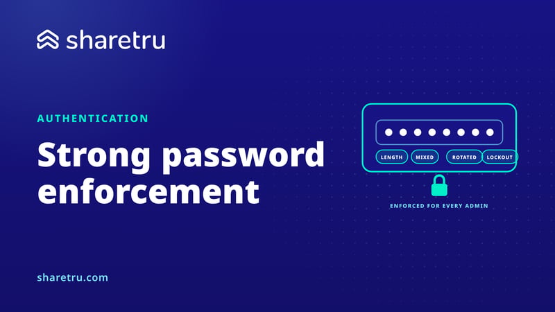 A password field with length, mixed, rotated and lockout rules and a lock, illustrating password enforcement for SFTP admins