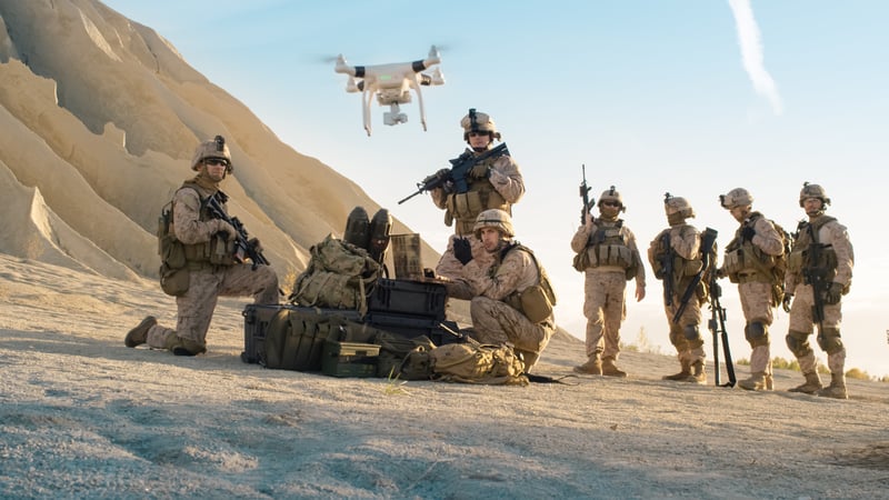 Military soldiers in desert with drone flying above