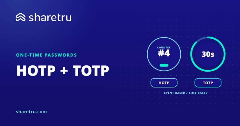 Counter token labeled HOTP beside a 30 second timer labeled TOTP, comparing one-time password methods