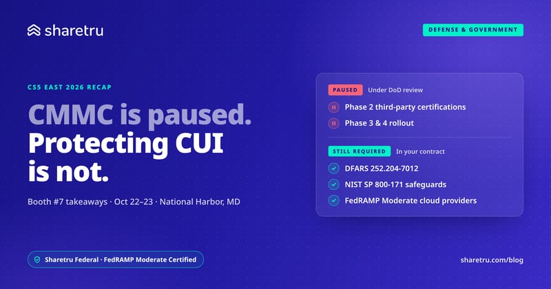 CS5 East 2026 recap: CMMC is paused, protecting CUI is not. Paused under DoD review: Phase 2 third-party certifications and the Phase 3 and 4 rollout. Still required in your contract: DFARS 252.204-7012, NIST SP 800-171 safeguards, and FedRAMP Moderate cloud providers. Sharetru Federal is FedRAMP Moderate Certified.