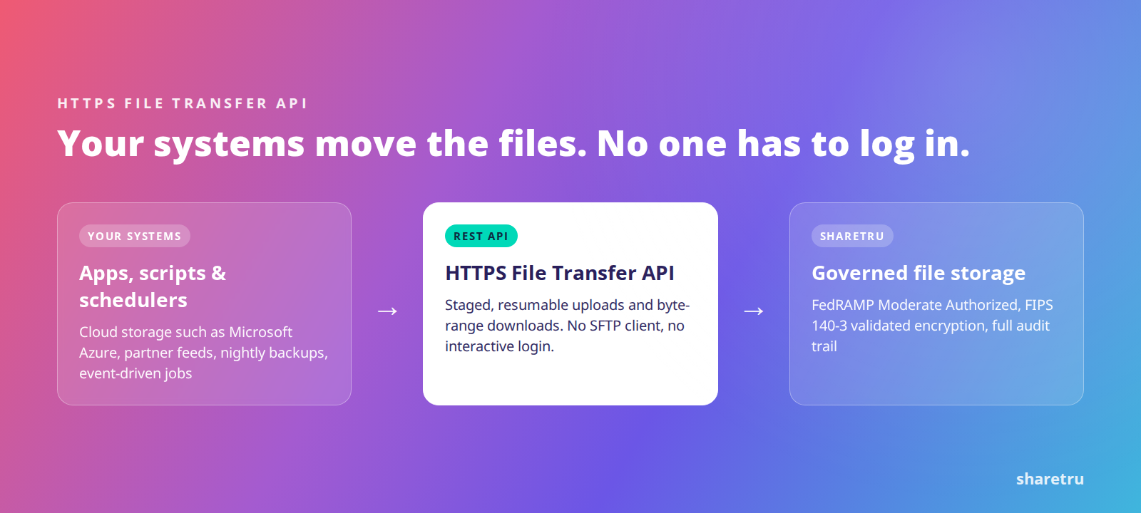 Diagram: your scripts, schedulers and jobs, including ones running in Microsoft Azure, send files through the Sharetru HTTPS File Transfer API into governed Sharetru storage