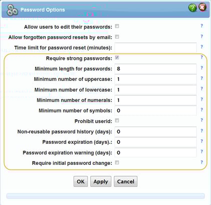list of new password options in control panel